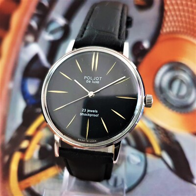 Watch Poljot De Luxe ULTRA SLIM 1MChZ Black Dial Vintage Dress WristWatch USSR