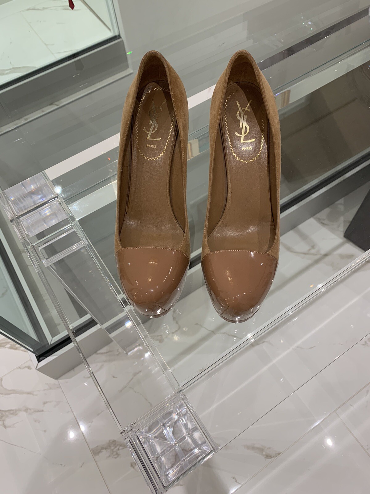 SAINT LAURENT Décolleté YSL Tribute Tribtoo in pelle verniciata scamosciata plateau nude marrone taglia 39 5