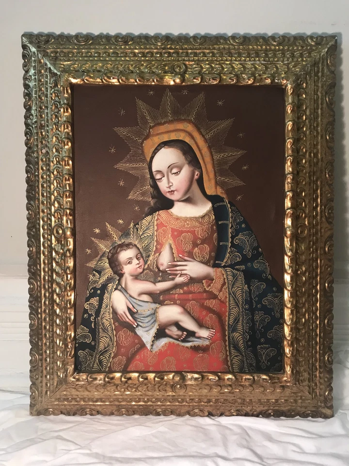 Pintura al óleo original estilo Cuzco Virgen y Niño 15" X 11" arte raro Foto 3 de 4