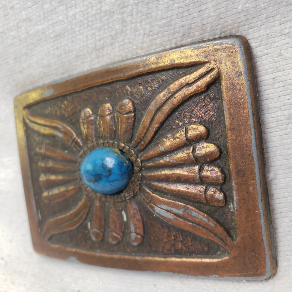 Hebilla de cinturón de cobre navajo nativo americano tradicional vintage con piedra turquesa Foto 3 de 4