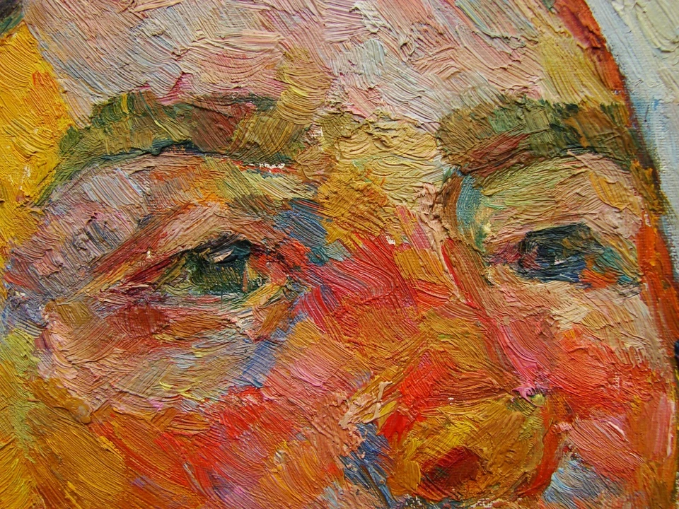 Pintura al óleo soviética ucraniana fauvismo impresionismo retrato femenino bufanda roja Foto 4 de 4