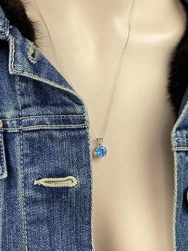 14K White Gold Blue Topaz Solitaire Signed Pendant + 10K Chain Necklace - Picture 21 of 21