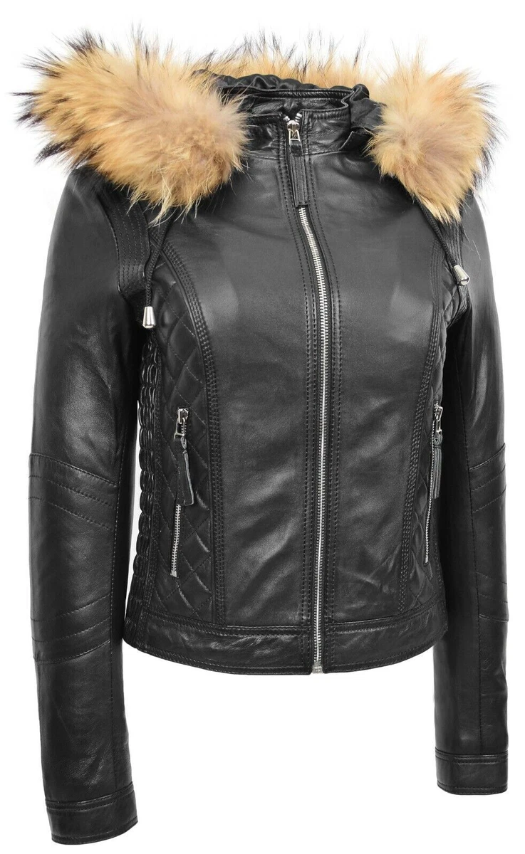 Womens leather jacket with fur hood sales
