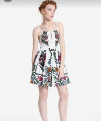 Plenty by Tracy Reese Size 4 Small White Floral Halter Cotton Blend Dress