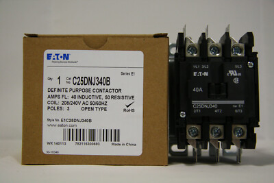 Eaton C25DNJ340B Contactor 208/240VAC Coil 3P 40A Ind 50A Res