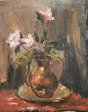 SHMUEL OVADIAHU (1892-1963), Original Oil on Canvas, Roses Still Life, Signed