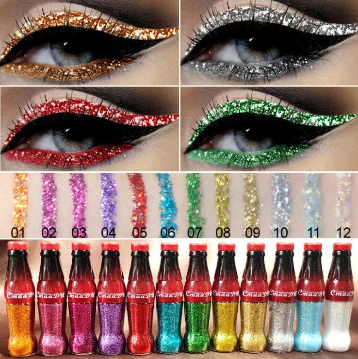 12 Colors GLITTER Waterproof Eyeshadow Liquid Eyeliner Makeup Shimmer Metallic - Image 2 of 4