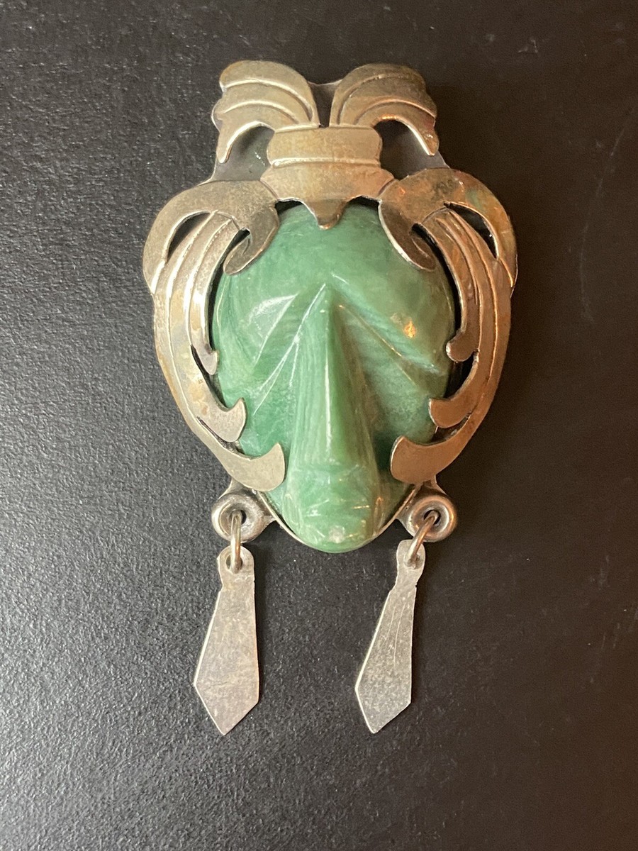 メキシコ　MEXIC ALPACA バッチ Vtg Alpaca Mexico Taxco Mexico Carved Jade Maya Man Head Mask