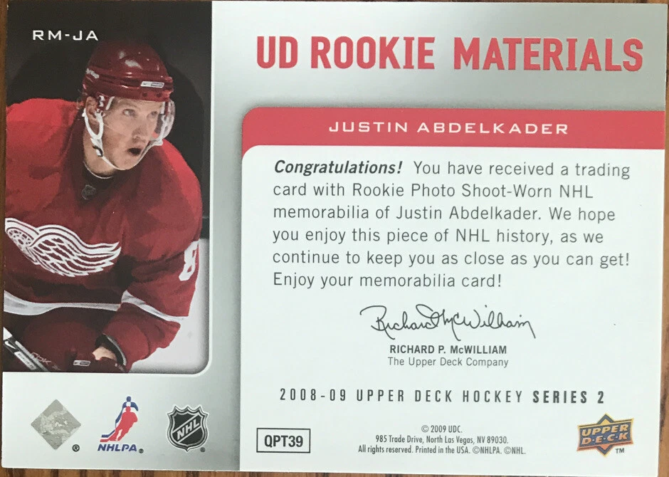 2008-09 Upper Deck Rookie Materials Justin Abdelkader RM-JA Detroit Red Wings - Image 2 of 2