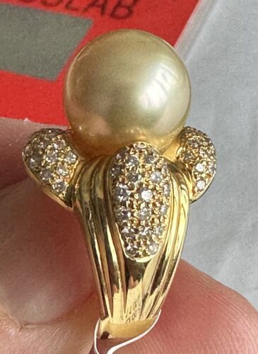 An Immense 12mm Golden South Sea cultured pearl diamond 18k Ring - Picture 3 of 12