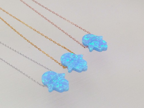 Hellblau Opal Hamsa Anhänger 925 Sterlingsilber Halskette vergoldet Hand - Bild 2 von 11
