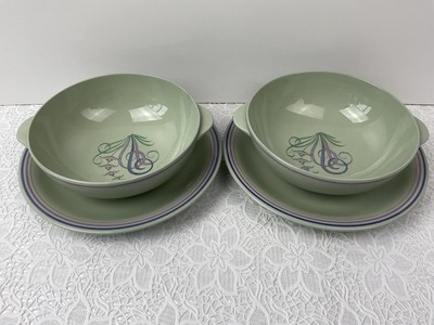 Spode Moondrop Flämisch Grün 2 x Suppentassen / Schüsseln & Untertassen Top Zustand
