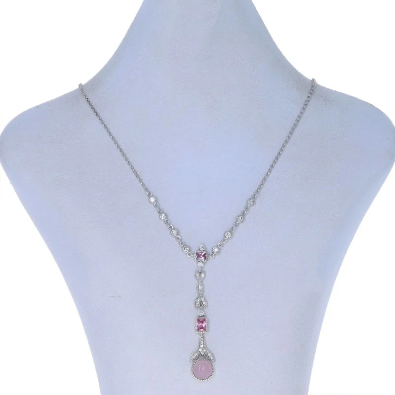 De Ley Circonita Cúbica & Imitación Cuarzo Rosa Hoja Collar 925 Radiante Lariat - Imagen 2 de 4