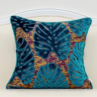 20 x 20 Inch Square Leaf Pillow Embroidery Cut Velvet Cushion Case Luxury Mod...