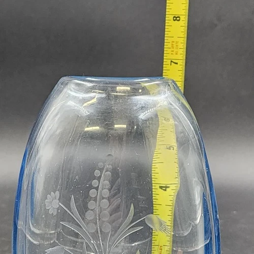 Hand Blown Blue Tint Glass Vase Etched Floral Scandinavian Swedish Oval 6.75″ - Picture 11 of 12