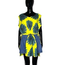 African Print Yellow  Turquoise Flowers Women Long Blouse