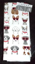 NEW Casaba 2 Pk 18"x28" Kitchen Towels Dog Dogs Sunglasses Heart Glittery