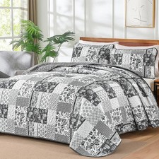 Quilt Set Queen Size Grey, 3 Pieces Patchwork Plaid Bedspread Coverlet Set, F...