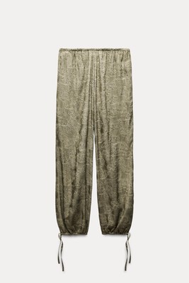 Zara Green Leaf Print Drawstring Woven Joggers NWT XL Trendy & Comfortable