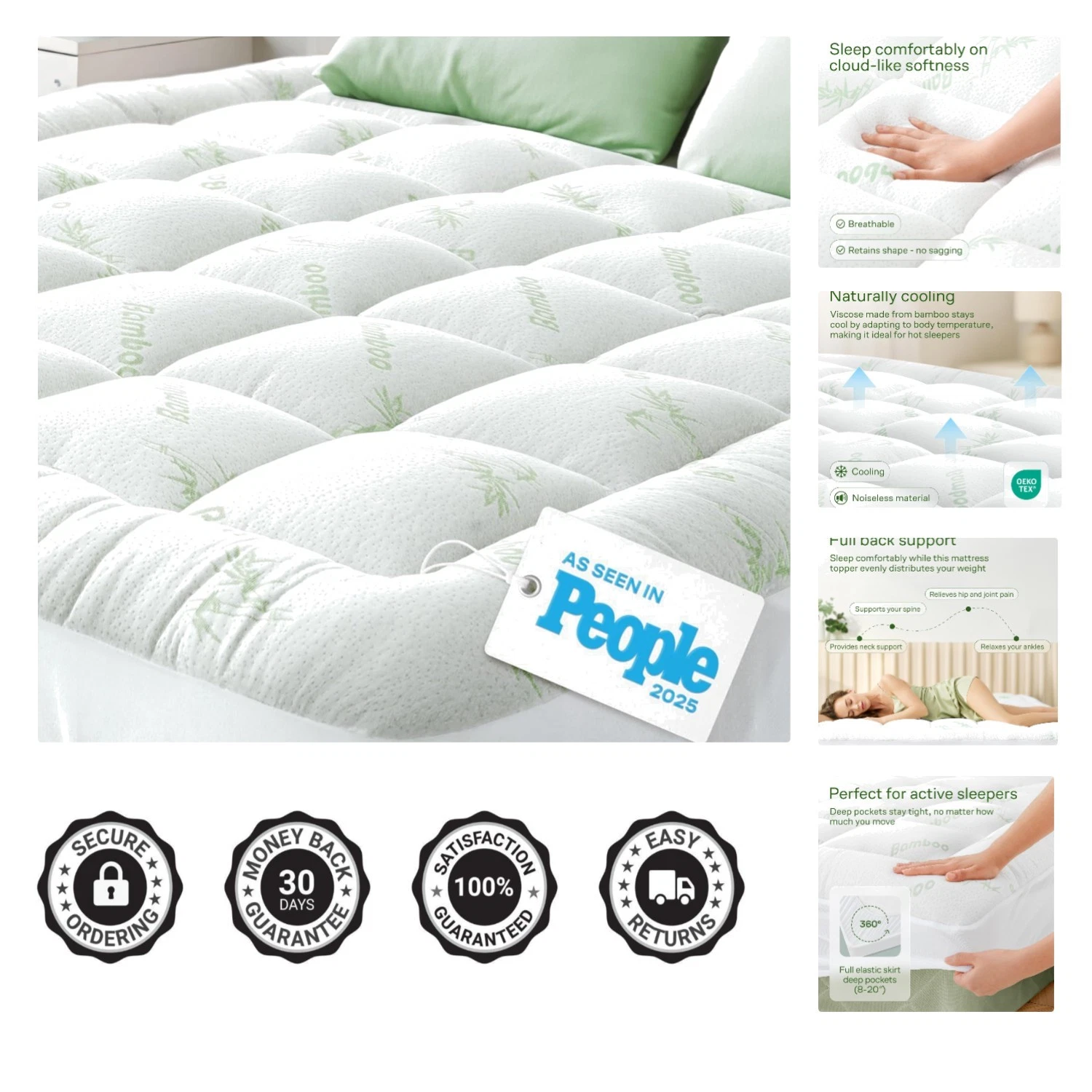 Queen Size Bamboo Mattress Topper - Ultra Soft Cooling Pad for Comfortable Sleep