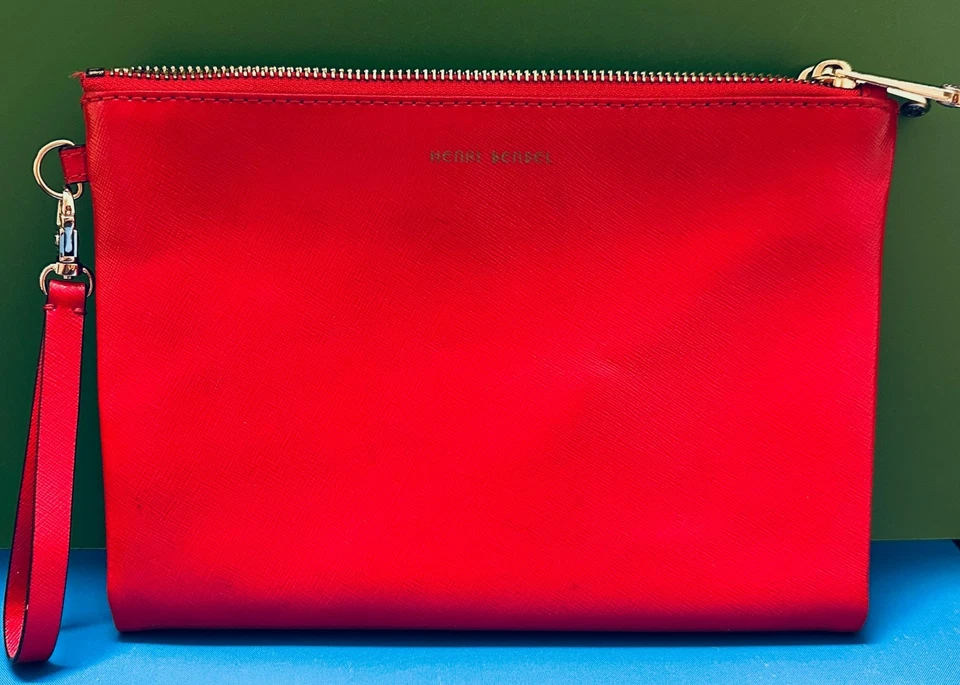 Henri Bendel Red Women's Clutch Cosmetic Bag 2 Compartment Zips Buttons on Wrist - Image 2 of 4