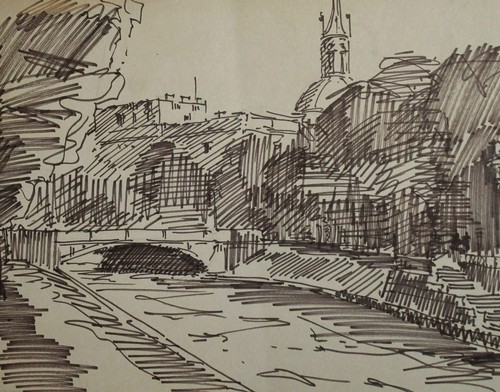 Pintura a tinta vintage paisaje urbano río - Imagen 6 de 10