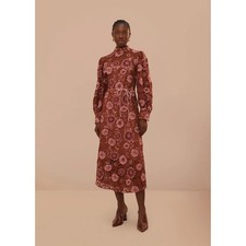 FARM Rio Floral Lace Midi Dress Mock Neck Puff Sleeve Belted Brown Pink Size M