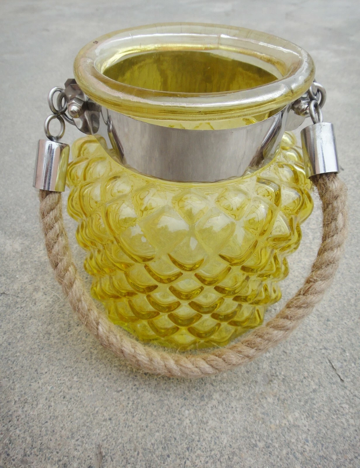 6" H Yellow Glass Jar In Pine Apple Design With Hanging Jute Rope