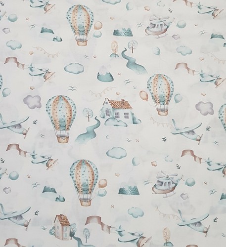 100% Cotton Fabric Baloon plane flight in clouds on White Wide 160 cm (62")