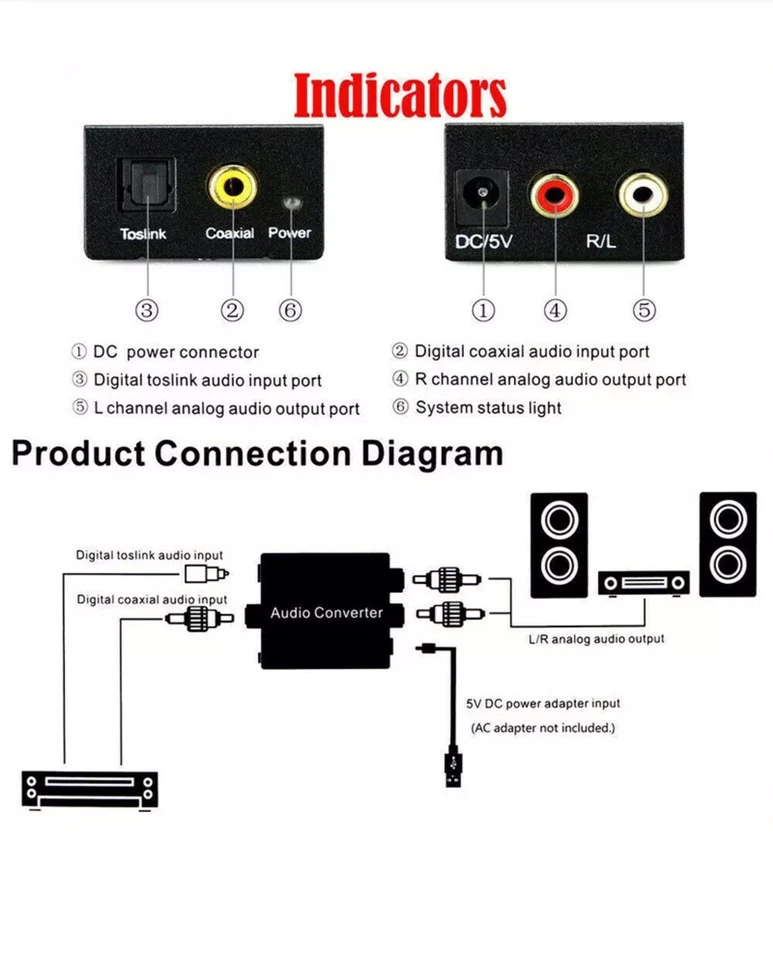 Toslink Signal Optical Coaxial Digital to Analog Audio Converter Adapter RCA L/r - Image 3 of 4