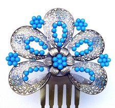 Spanish mantilla style hair comb with blue ceramic beads  NO US IMPORT FEES