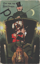 1912  OFF FOR THE HONEYMOON , couple in horse carriage, wedding, Postcard jj376