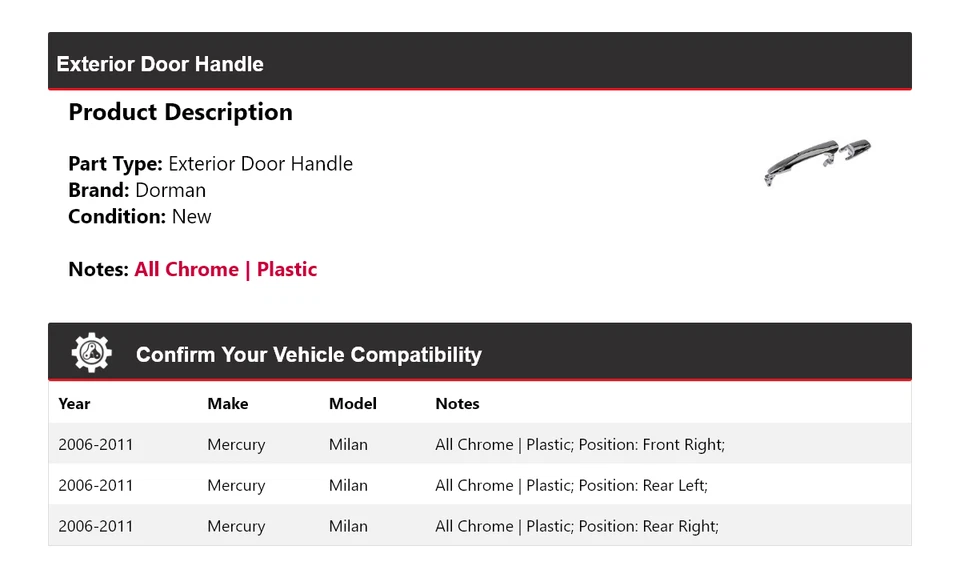 Manija de puerta exterior para Mercury Milan Dorman 2006-2011 2007 2008 2009 2010 Foto 2 de 4