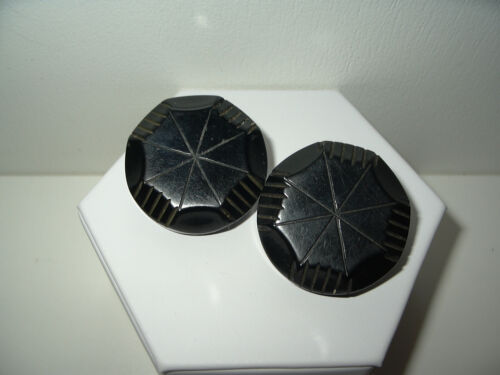 2 Large Vintage BAKELITE Chunky Black Carved Pinwheel Coat Buttons - 50's-60's - Picture 1 of 5