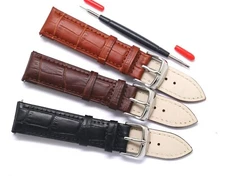 20mm Brown or Black Alligator Grain Leather Watch Band W Spring Bar Remover Tool