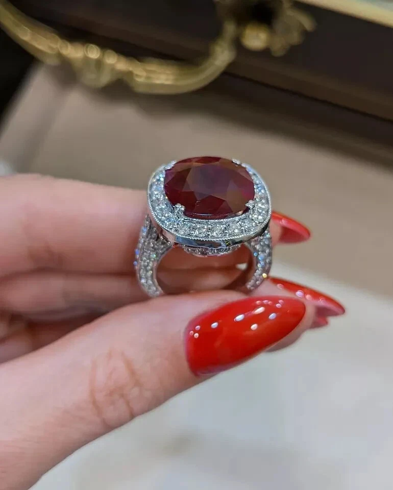 13.11 Ct Cushion Cut Natural Ruby & Diamond Wedding Ring 14K White Gold size 6 - Image 4 of 4