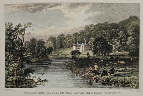Antique coloured Print - COLLIPRIEST HOUSE on the River EXE near Tiverton