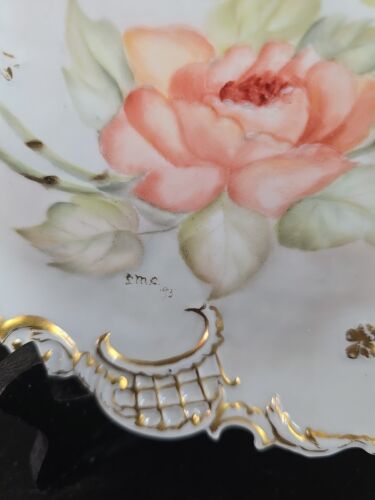 Vintage Signed Pink Roses Leaves plate beautiful white Leonard Vienne Austria - Picture 3 of 5