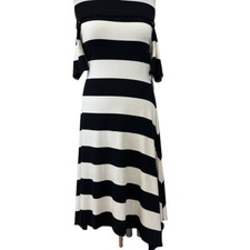 Vince Camuto Womens SZ L Black White Stripe Knit Off the Shoulder Dress