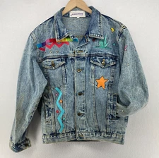 JD DESIGNWORKS Jacket Mens L Painted Applique Denim Trucker Button Up Blue VTG