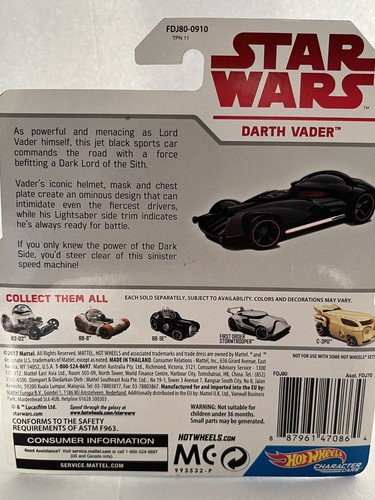 Star Wars Hot Wheels Character Cars Darth Vader Die Cast NEW - Picture 3 of 4