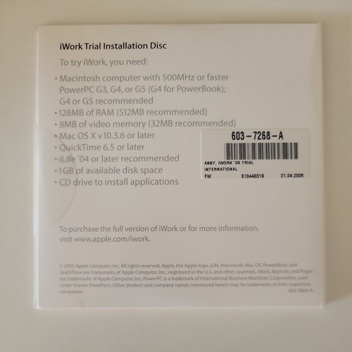 Apple iWork 05 Trial Installation Disk For Mac OSX - Afbeelding 2 van 2