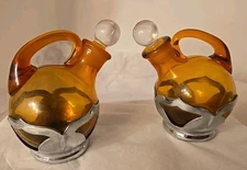 Vtg KROME KRAFT Farber Bros NY Oil Vinegar AMBER Glass MCM