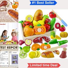 Wooden Play Food Cutting Toy Kitchen Set Fruit Vegetable Pretend Play with Knife