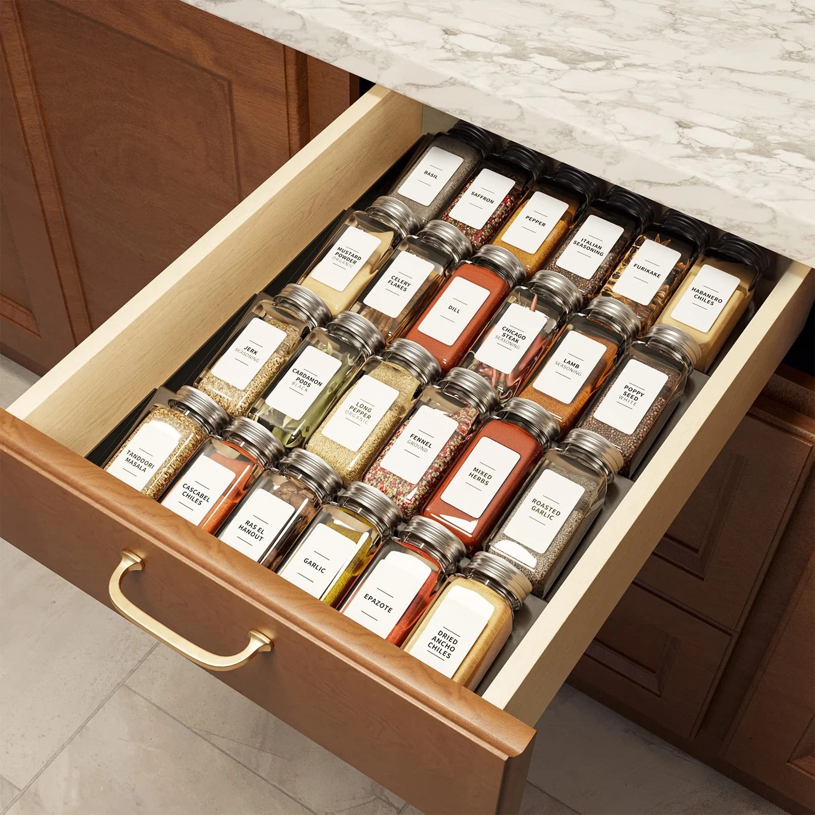 Spice Drawer Organizer with 24 Spice Jars, 378 White Minimalist Spice Labels,...