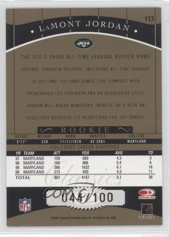 2001 Donruss Classics Timeless Tributes /100 LaMont Jordan #113 Rookie RC - Image 2 of 2