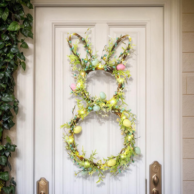 [Timer] Easter Bunny Wreath for Front Door, Lighted Easter Wreaths with 30 LED W