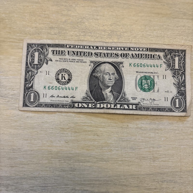 FANCY SERIAL NUMBER 1 DOLLAR BILL, TRINARY NOTE, K 66064444 F 2013