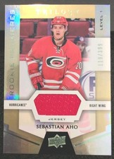 2016 Upper Deck Trilogy Sebastian Aho Rookie Premiere Jersey Card #59.... rookie card picture