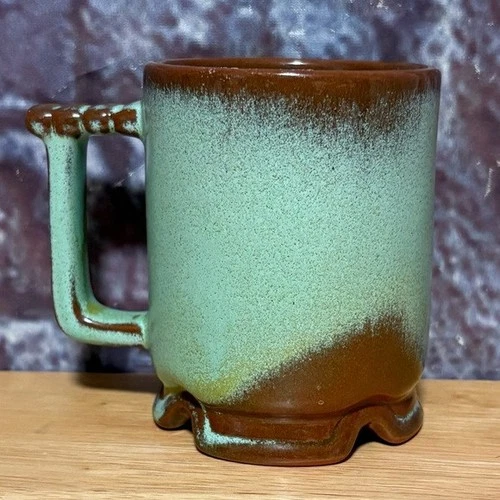 VTG Frankoma Pottery Prairie Gradient Green/Brown Plainsman Footed C1 Mug Cup(B)